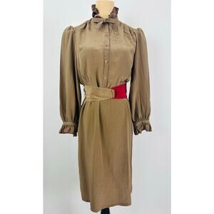 VTG Neiman Marcus Francesca of Damon Silk Dress Brown Ruffle High Neck 8 70s